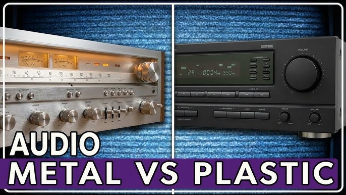 vintage silver face stereo receiver compared to modern black stereo receiver showing metal vs plastic design