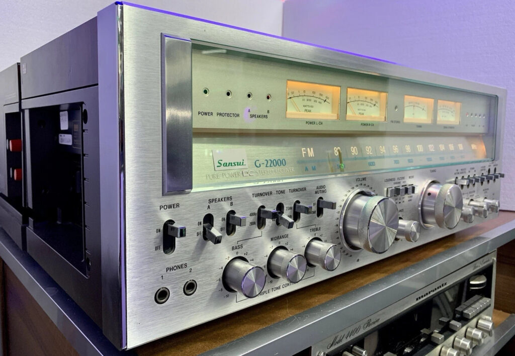 Vintage stereo explained with receiver, turntable and speakers showing watts, ohms and THD